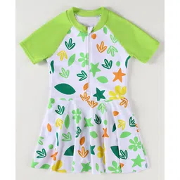 Babyhug Half Raglan Sleeves Frock Swimsuit With Floral & Leaf Print - Green & White-picture-16