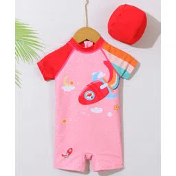 Babyhug Half Raglan Sleeves Legged Swimsuit With Rocket Print - Pink-picture-23
