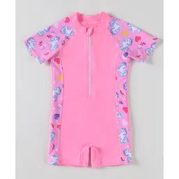 Babyhug Half Raglan Sleeves Legged Swimsuit With Unicorn Print - Pink-picture-27