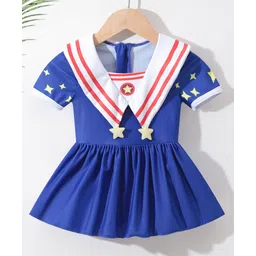 Babyhug Half Sleeves Frock Swimsuit Star Print & Applique - Blue-picture-11