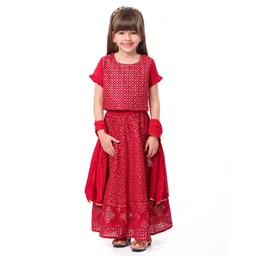 Babyhug Half Sleeves Sequined Embroidered Choli Lehenga and Dupatta Set - Red-picture-28