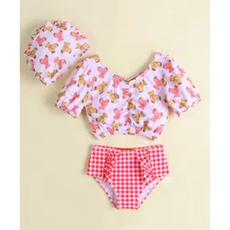 Babyhug Half Sleeves Two Piece Swimsuit With Animal Print - Red-picture-16