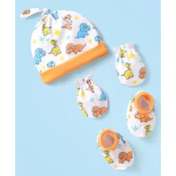 Babyhug Interlock Knit Cap Mittens & Booties Set With Dinosaur Print Orange - Diameter 11 cm-picture-24