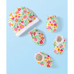 Babyhug Interlock Knit Cap Mittens And Booties Set with Floral Print - White-picture-10