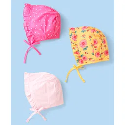 Babyhug Interlock Knit Caps With Polka Dot & Floral Print Pack of 3 - Dark Pink Yellow & Light Pink-picture-24