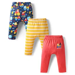 Babyhug Interlock Knit Full Length Diaper Pants with Stripes & Vehicle Print Pack of 3 - Yellow & Navy Blue-picture-26