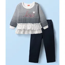 Babyhug Interlock Knit Full Sleeves Striped Top & Trouser Set with Polka Dots Print - Navy Blue & White-picture-23