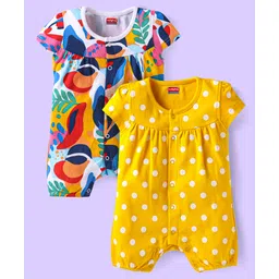 Babyhug Interlock Knit Half Sleeves Rompers With Polka Dot Print Pack of 2 - Yellow & White-picture-13