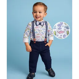 Babyhug Knit Full Sleeves Dino Printed Shirt & Pant with Bow & Suspender - Navy Blue & White-picture-18