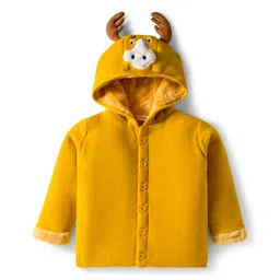 Babyhug Knit Full Sleeves Front Open Hooded Sweater with Reindeer Applique - Yellow-picture-12