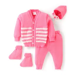 Babyhug Knit Full Sleeves Front Open Sweater & Pant Set with Cap and Booties Shell Design - Pink & White-picture-13