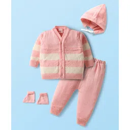 Babyhug Knit Full Sleeves Front Open Sweater Set with Stripe Design Cap with Knot & Booties - Pink & White-picture-38