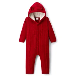 Babyhug Knit Full Sleeves Hooded Winter Wear Romper with Ear Applique & Cable Knit Design - Maroon-picture-14