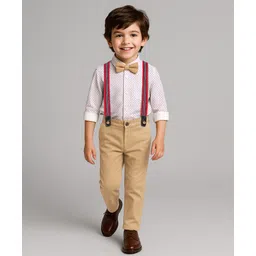 Babyhug Knit Full Sleeves Polka Dots Printed Shirt & Trouser Set with Bow & Suspender - White & Beige-picture-10