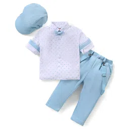Babyhug Knit Full Sleeves Printed Party Shirt & Trousers with Cap Bow & Suspender - Light Blue-picture-16