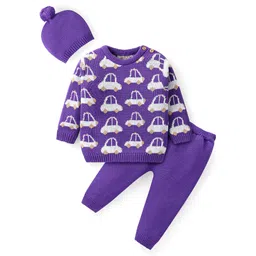 Babyhug Knit Full Sleeves Pullover Sweater Set with Cap & Car Design - Purple-picture-11