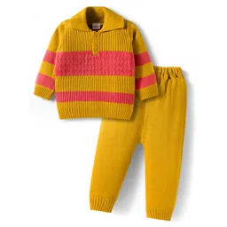 Babyhug Knit Full Sleeves Pullover Sweater Set with Color Block - Yellow-picture-23