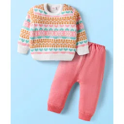 Babyhug Knit Full Sleeves Pullover Sweater Set with Floral Design - Pink-picture-28