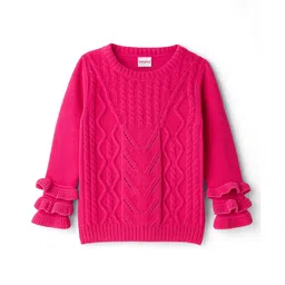 Babyhug Knit Full Sleeves Pullover Sweater with Cable Knit Design & Frill Detailing - Dark Pink-picture-26