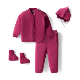Babyhug Knit Full Sleeves Solid Color Front Open Sweater Set with Pair of Mittens & Cap - Dark Pink-picture-12
