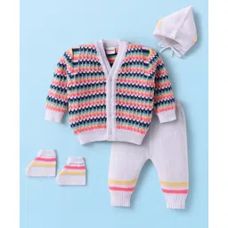 Babyhug Knit Full Sleeves Striped Front Open Sweater Set With Cap & Mittens - Multicolour-picture-28