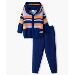 Babyhug Knit Full Sleeves Striped Hooded Front Open Sweater Set - Navy Blue-picture-23