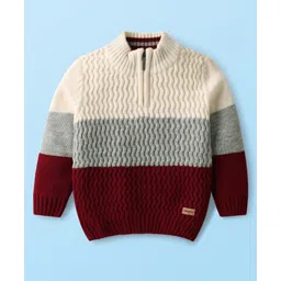 Babyhug Knit Full Sleeves Striped Pullover Sweater With Cable Knit Design - White-picture-37