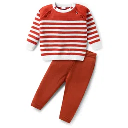 Babyhug Knit Full Sleeves Striped Sweater Set - White & Rust Orange-picture-15