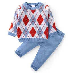 Babyhug Knit Full Sleeves Sweater Set with Argyle Design - Blue-picture-14