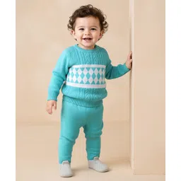 Babyhug Knit Full Sleeves Sweater Set With Cable Knit Design - Aqua Blue-picture-20