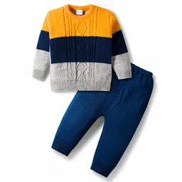Babyhug Knit Full Sleeves Sweater Set with Color Block & Cable Knit Design - Navy Blue Grey & Yellow-picture-25