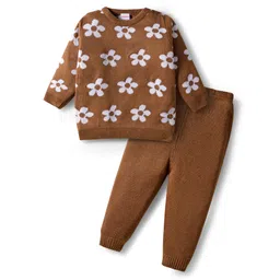 Babyhug Knit Full Sleeves Sweater Set with Floral Design - Brown-picture-16