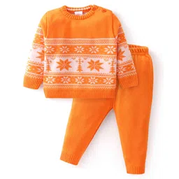 Babyhug Knit Full Sleeves Sweater Set With Floral Design - Orange-picture-11