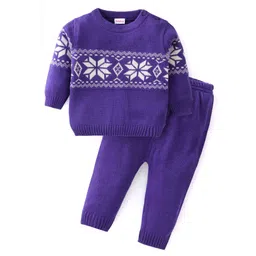 Babyhug Knit Full Sleeves Sweater Set With Floral Design - Purple-picture-22