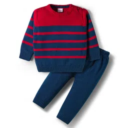 Babyhug Knit Full Sleeves Sweater Sets With Stripe Design - Navy Blue & Red-picture-16