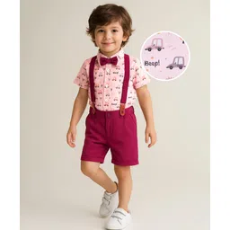 Babyhug Knit Half Sleeves Car Printed Shirt & Shorts Set with Bow & Suspender - Maroon & Light Pink-picture-10