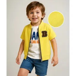 Babyhug Knit Half Sleeves Jacket With Text Printed Inner Tee - Yellow & White-picture-16