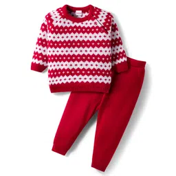 Babyhug Knitted Full Raglan Sleeves Design Sweater Set - Red & White-picture-11