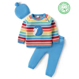 Babyhug Knitted Full Raglan Sleeves Pullover Striped Sweater Set with Cap & Hedgehog Design- Blue-picture-31