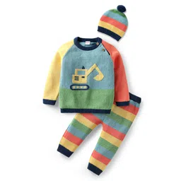 Babyhug Knitted Full Raglan Sleeves Pullover Sweater Set With Cap & Stripes Design - Multicolour-picture-10