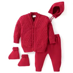 Babyhug Knitted Full Sleeves Baby Sweater Set with Cap & Booties Cable Knit Design - Red-picture-19