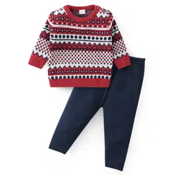 Babyhug Knitted Full Sleeves Floral Design Sweater Set - Navy & Red-picture-19