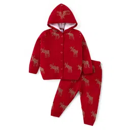Babyhug Knitted Full Sleeves Front Open Hooded Sweater & Pant With Reindeer Design - Red-picture-18