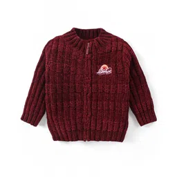 Babyhug Knitted Full Sleeves Front Open Sweater with Text Embroidery - Maroon-picture-23