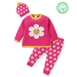 Babyhug Knitted Full Sleeves Pullover Floral Designed Sweater Set with Cap- Dark Pink-picture-39