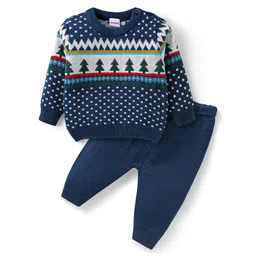 Babyhug Knitted Full Sleeves Pullover Sweater & Pant Set with Christmas Theme Design  - Navy Blue-picture-24