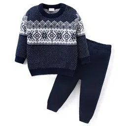 Babyhug Knitted Full Sleeves Pullover Sweater & Pant Set with Floral Design - Navy Blue-picture-28