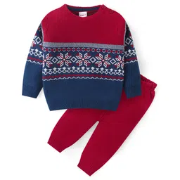 Babyhug Knitted Full Sleeves Pullover Sweater & Pant Set With Floral Design - Red & Navy Blue-picture-16