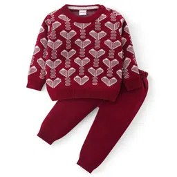 Babyhug Knitted Full Sleeves Pullover Sweater & Pant Set With Hearts Design - Red-picture-26