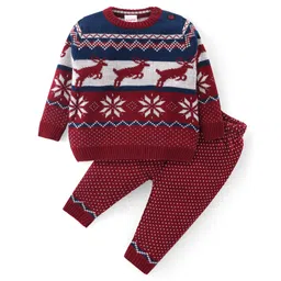 Babyhug Knitted Full Sleeves Pullover Sweater & Pant Set With Reindeer & Floral Design - Maroon-picture-35